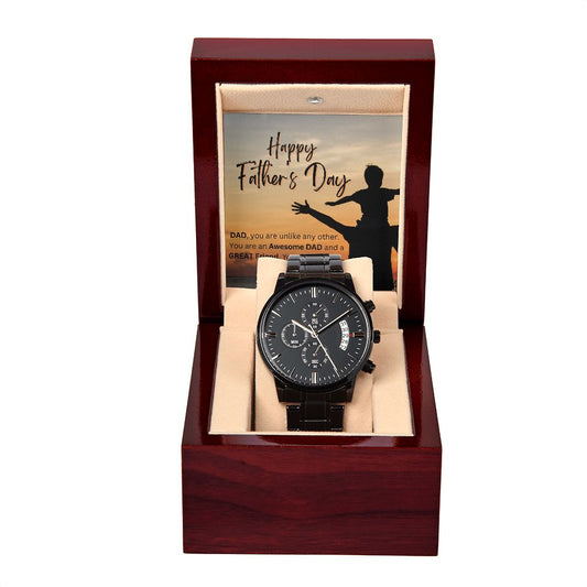Black Chronograph Watch with Mahogany Box and Loving Message Card for Dad